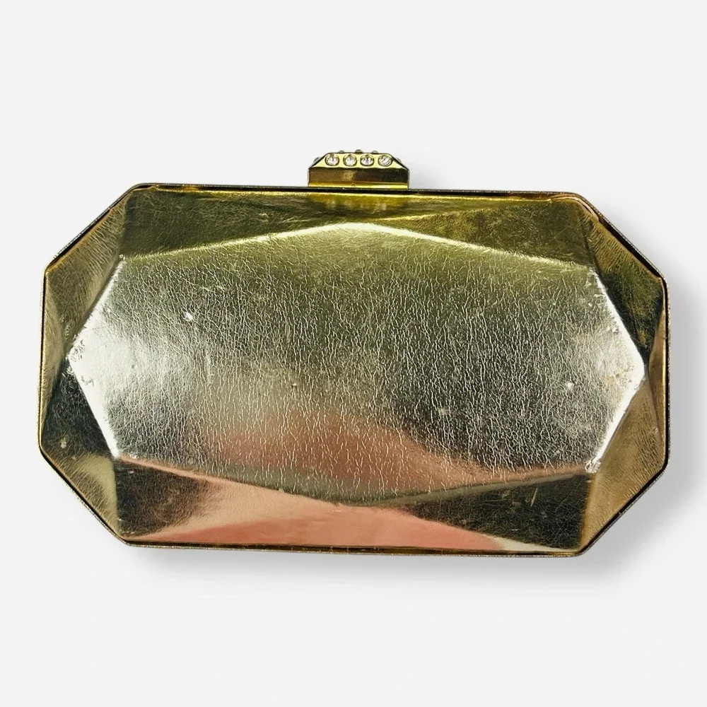 Vintage Nite Bags Gold Hard Shell Clutch Emerald Shape‎ Bar Rhinestone Clasp